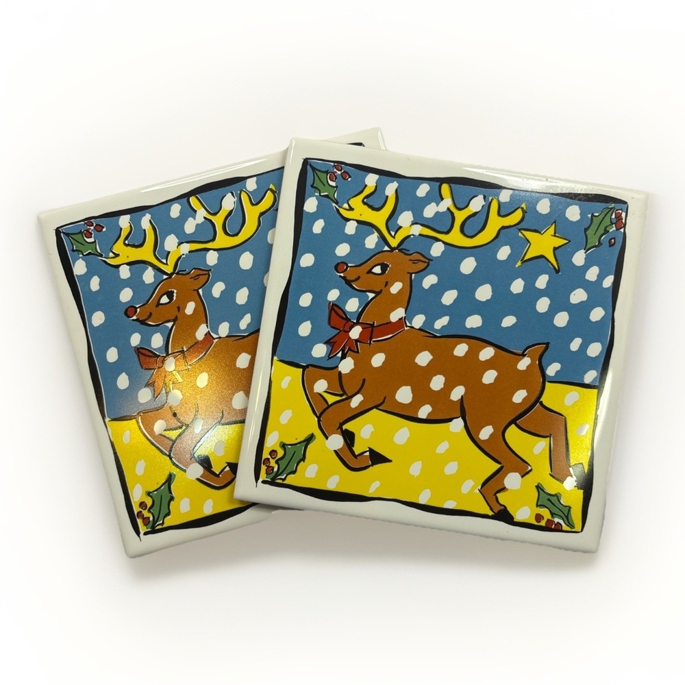 2 Reindeer Christmas Hot‎ plate Ceramic Tiles 6 In Portugal
